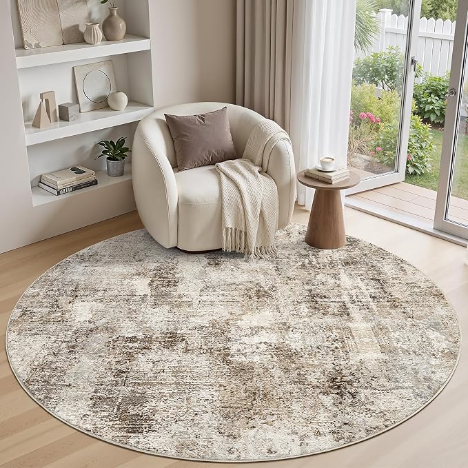 6Ft Round Area Rug Washable Abstract Rugs for Living Room Dark Brown | for Bedroom, Dining Room, Office, Nursery, Soft Neutral, Low Pile Non-Slip, Kid Pet Friendly, Large Indoor Carpet, Home Decor