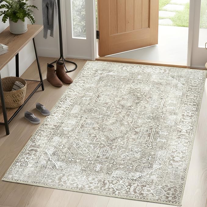 Sacred Artisans Farmhouse 3x5 Area Rug for Entry, Kitchen, Mudroom and Foyer | Washable, Pet Friendly, Durable and Low Pile (Stone, 3' x 5')