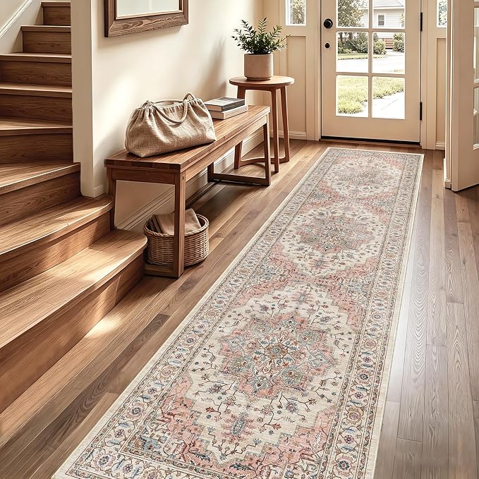 3x12 Vintage Runner Rug Low Pile Non-Slip Washable Hallway Rug | Retro Distressed Print Rug Non-Shedding Beige Pink Carpet Stain Resistant Long Rug for Hallway Kitchen Bedroom Laundry Room