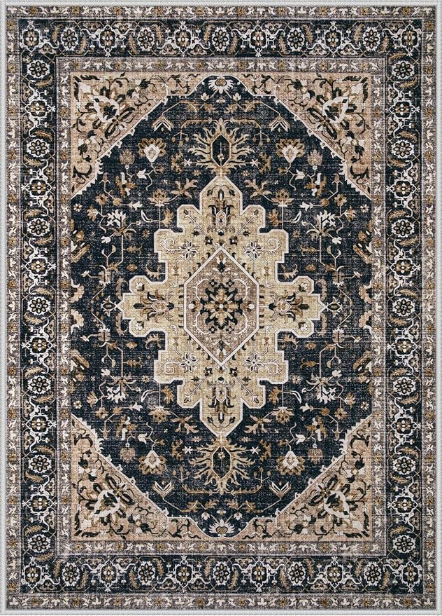 Area Rugs 9x12 Vintage Rug: Large Washable Living Room Rug Retro Medallion Distressed Soft Low Pile Non-Slip Indoor Floor Carpet for Bedroom Dining Table Office (BeigeBlack,9'x12')