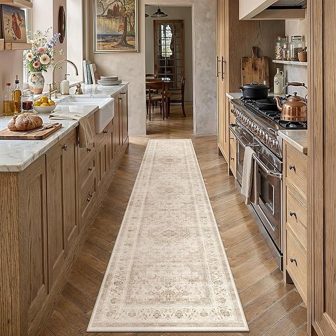 2'6x10 Beige Washable Runner Rug Non Slip Vintage Carpet | Low Pile, Stain Resistant, Living Room, Kitchen, Bathroom, Bedroom, Entryway, Hallway, Soft, Thin, Lightweight