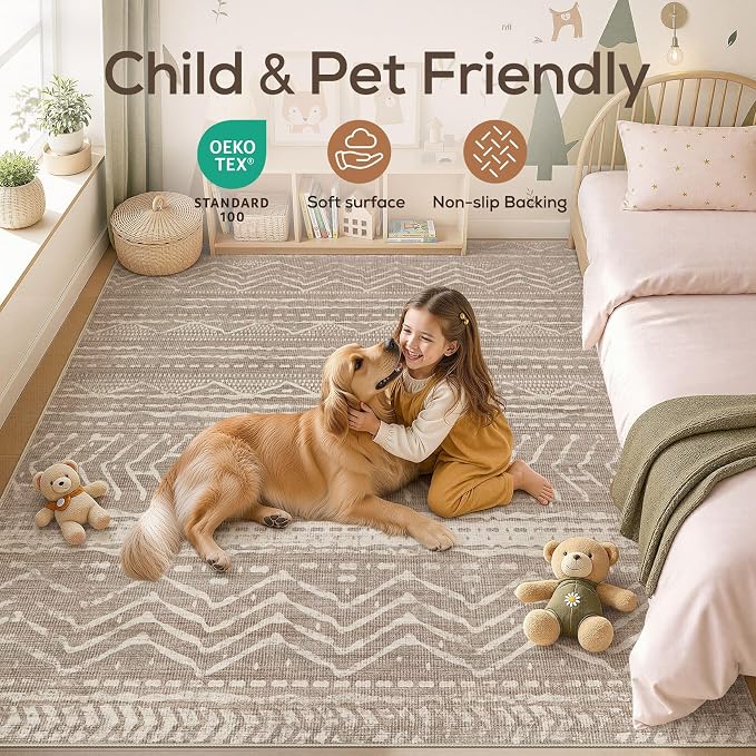 Nakagishi Boho 10x12 Area Rug Living Room Rugs Machine Washable Dark Brown | Soft, Pet & Kid Friendly, Carpet for Living Room/Bedroom/Office/Kitchen/Nursery, Daily Home Decor Stain Resistant Moroccan