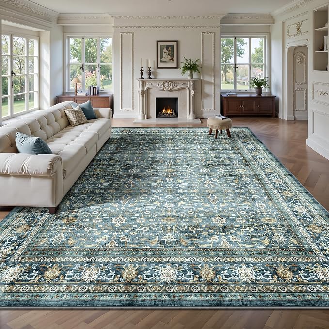 8x10 Area Rugs for Living Room - Washable Vintage Retro Large Rug, Soft Ultra Thin Non Slip Low Pile Traditional Distressed Boho Carpet for Bedroom Dining Room Home Office, Blue