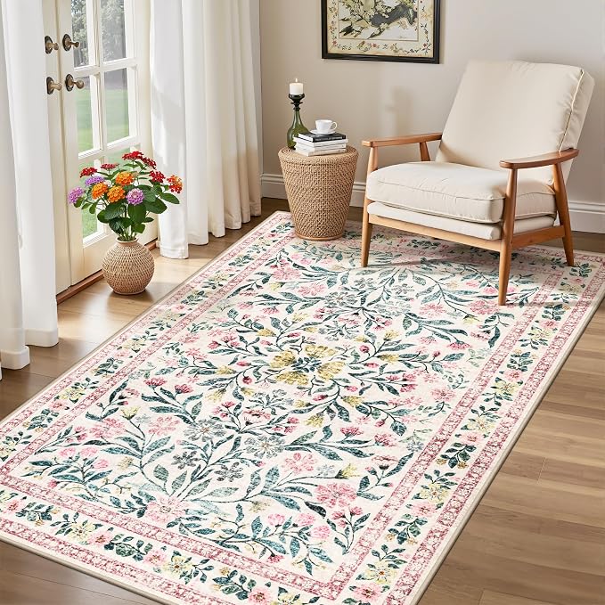 PLHXFR Area Rug Living Room: 3x5 Floral Washable Boho Carpet Pink Green | For Bedroom Dining Room Farmhouse Nursery Hallway,Vintage Floral,Machine washable,Non Slip,Stain Resistant,Large Indoor