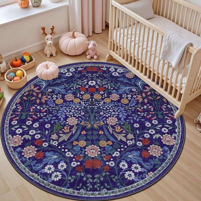 PLHXFR Round Area Rug Living Room: 4 ft Floral Washable Soft Carpet Blue | For Bedroom Dining Room Farmhouse Nursery Hallway,Vintage Floral,Machine washable,Non Slip,Stain Resistant,Large Indoor