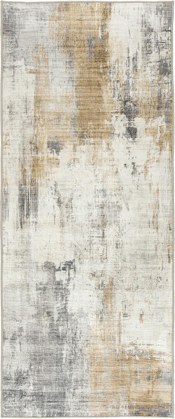 Machine Washable Area Rug Runner - Living Room Bedroom Bathroom Kitchen Entryway Office - Padded Low Pile Stain Resistant Premium - Modern Abstract Contemporary - Quinn - Beige 2'6" x 6'