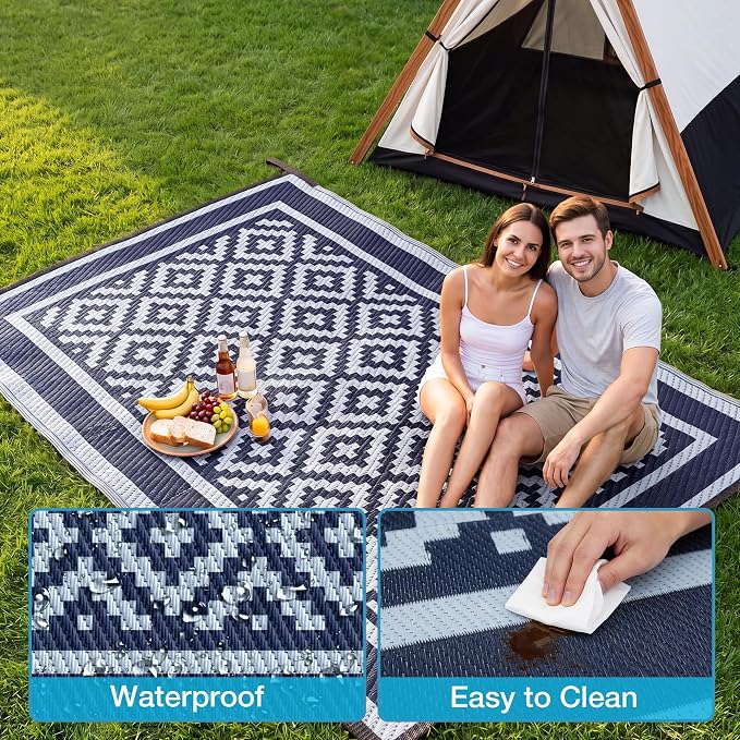 Kohree RV Outdoor Rug 9x12 Reversible, Waterproof Patio Mat with 4 Stakes & UV Fade Resistant, Non-Slip Outdoor Camping Mat for Deck, Picnic, Backyard, Includes Carry Bag (Blue)