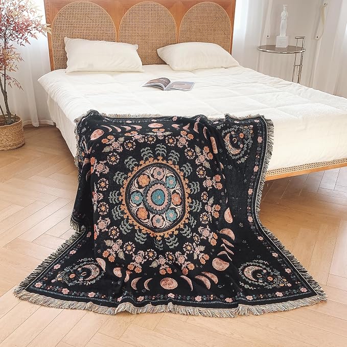 Boho Throw Blanket Reversible Cotton Bohemian Tapestry Hippie Room Decor Double Sided (Lunar Eclipse Black 50"x60")