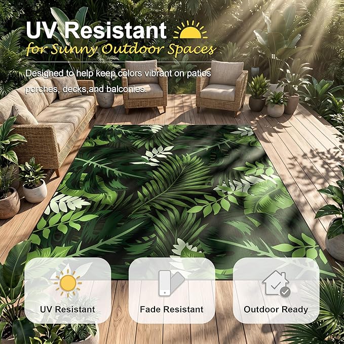 Arenarug 6x9 Monstera Tropical Outdoor Rug – Waterproof Non-Slip Machine Washable Patio Rug, UV & Stain Resistant Outdoor Carpet for Patio Deck Balcony Backyard, Dark Green