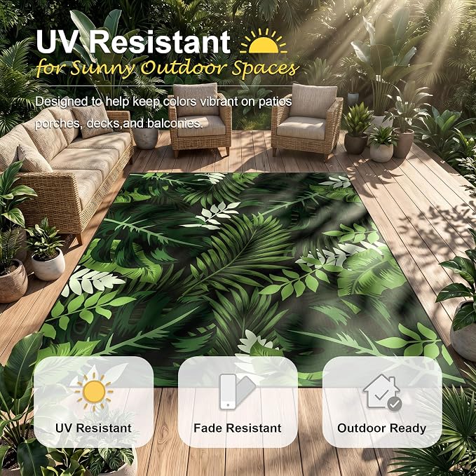 Arenarug 4x6 Monstera Tropical Outdoor Rug – Waterproof Non-Slip Machine Washable Patio Rug, UV & Stain Resistant Outdoor Carpet for Patio Deck Balcony Backyard, Dark Green