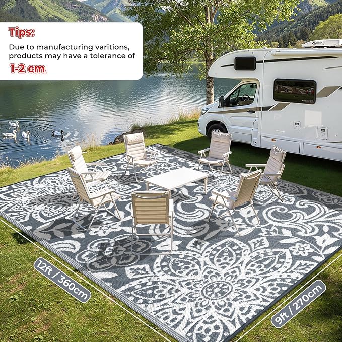 Findosom Waterproof Outdoor Rug 9' x 12' - Reversible Mandala Outdoor Plastic Straw Rug, Durable Foldable Patio Rug for RV, Deck, Balcony, Backyard, Picnic, Porch, Camping, Beach, Gray