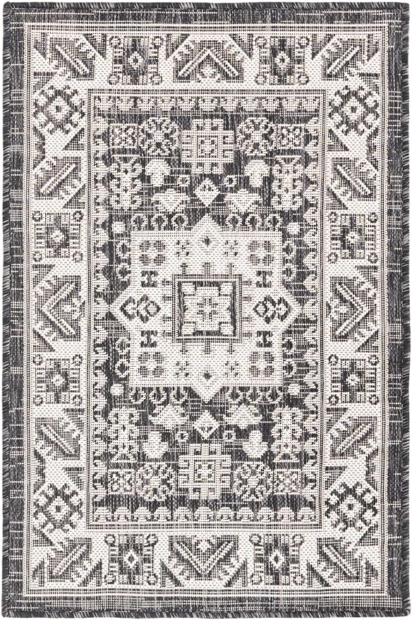 Unique Loom Outdoor Aztec Collection Area Rug - Chalca (2' x 3' 1" Rectangle, Charcoal Gray/ Ivory)