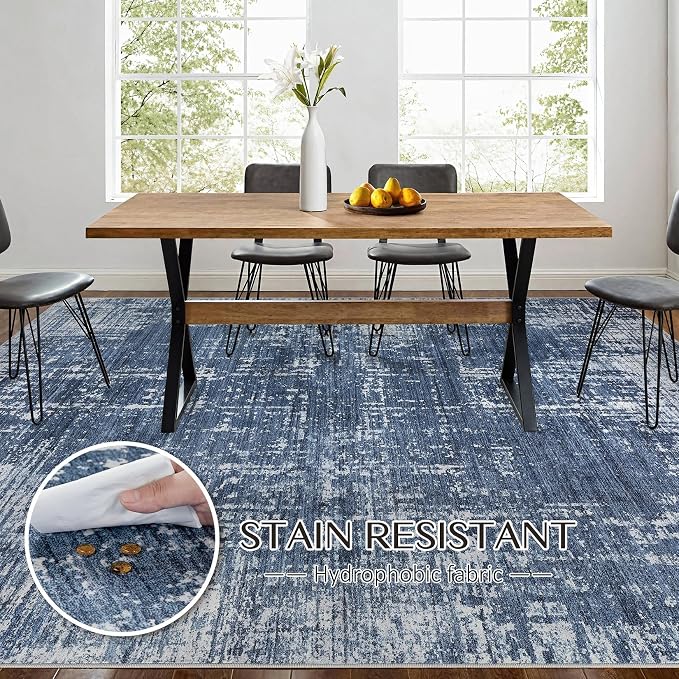 kakania Abstract 9x12 Area Rugs for Living Room: Washable Rugs Dark Blue | Soft, Non-Slip, Low-Pile, Pet & Kid Friendly - Large Modern Home Decor Carpet for Bedroom/Dining Room/Office/Nursery