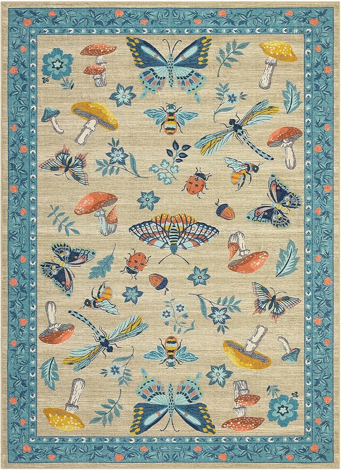 Mushroom Insect 8x10 Area Rugs, Washable Rugs for Living Room Non Slip Stain Resistant Low Pile Modern Butterfly Carpet for Bedroom Dining Room Nursery Playroom Office, Khaki Blue