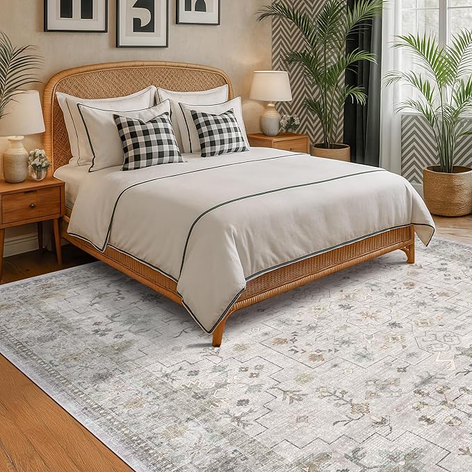 Light Gray & Sage Living Room Rug 8x10 - Washable Boho Low Pile Large Area Rug for Dining Room, Bedroom Carpet, Distressed Vintage Floral Design, Low Pile Stain Resistant