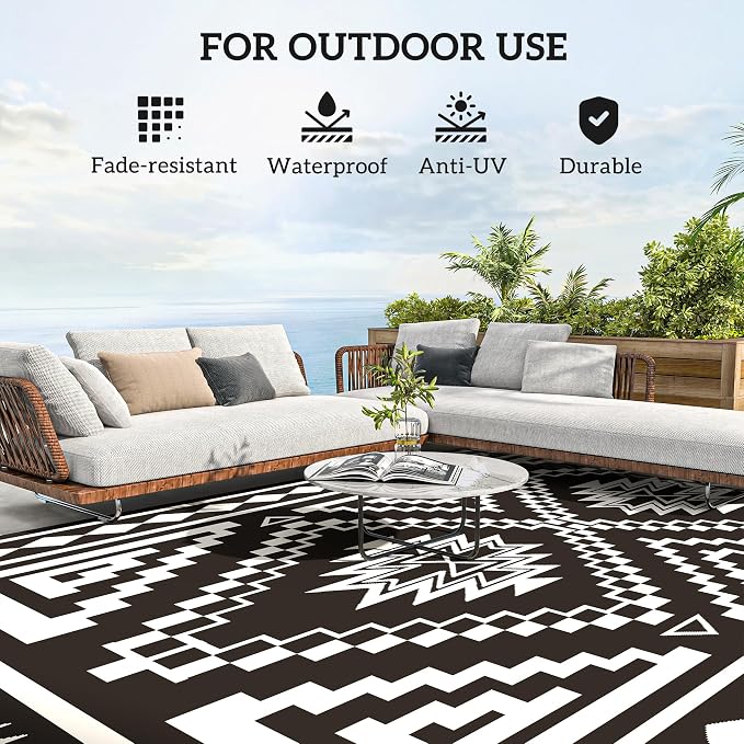 Outsunny Outdoor Rug for Patio, 9' x 18' Waterproof Large Mat, Reversible Plastic Straw Rug for Decor, Portable Outside RV Camping Area Carpet Mat for Backyard Porch Deck Picnic, Black & Gray Square