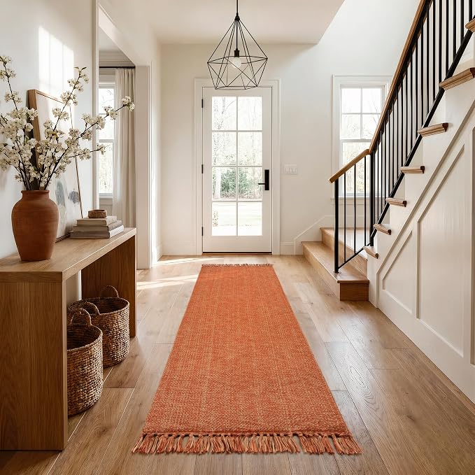 Fall Bathroom Runner Rug, 2.6' x 7' Washable Long Kitchen Rugs | Modern Farmhouse Entry Hall Carpet, Terracotta Hand Woven Hallway Runner Rug for Laundry Bedroom Porch Bedside Fall Decor