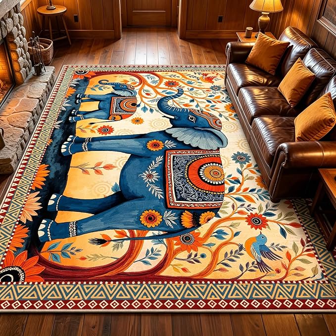 Boho Elephant Family Area Rug, 5x7ft Vintage Floral Mandala Tribal Pattern TPE Backing Non-Slip Washable Carpet, Bohemian Ethnic Floor Mat for Living Room Bedroom Entryway Farmhouse Home Decor