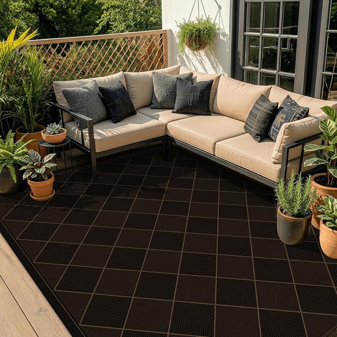 Large Dark Brown Checkered Easy Jute Outdoor Area Rug 5x7, Boho Diamond Geometric Pattern Non-Slip Living Room Patio Rug Indoor, Low Pile Stain Resistant Boho Decor Carpet for Dining Room and Office
