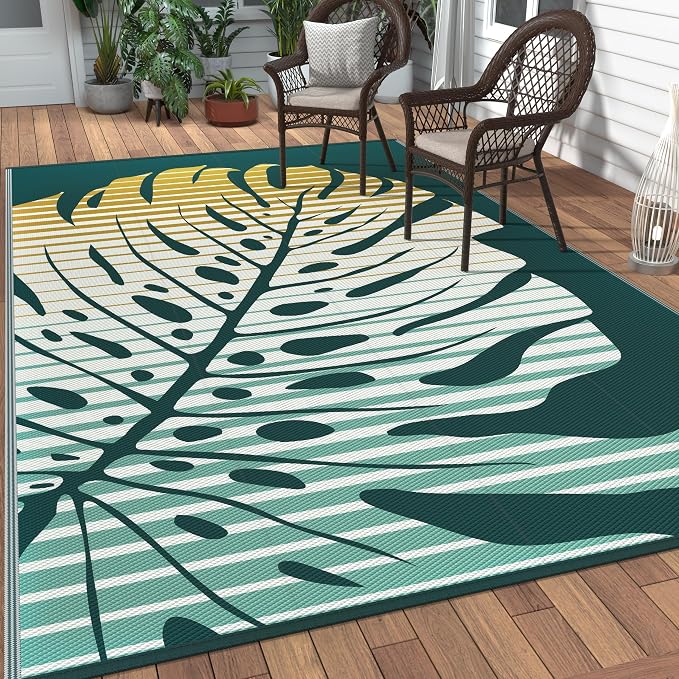 GENIMO Outdoor Rug 6' x 9' Waterproof for Patio Clearance, Reversible Plastic Straw Camping Mat, Lightweight Carpet for Rv, Camper, Deck, Porch, Picnic, Balcony, Beach, J.Yellow & Green