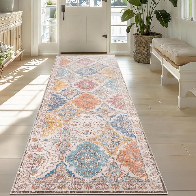 Moroccan Vintage Distressed Geometric Colorful 2.7x10 Runner Rug | Boho Floral Washable Non Slip Throw Floor Long Carpet Runner for Hallway Entryway Kitchen Bathroom Bedroom Livingroom Rug
