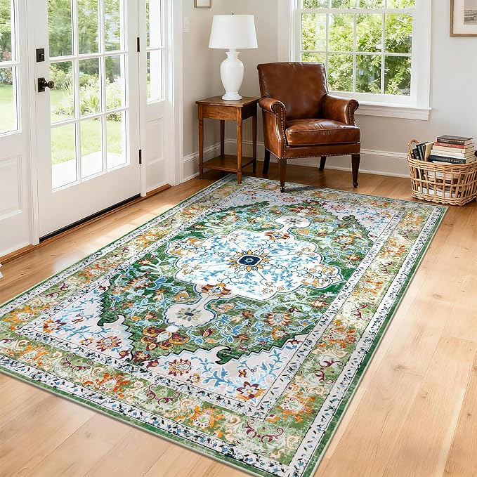 U'Artlines Boho Vintage Area Rug 5x8 Machine Washable Carpet, Green | Low Pile, Non Slip, Ultra-Thin Soft Floor Carpet, Accent Rug for Living Room Bedroom Dining Room Office