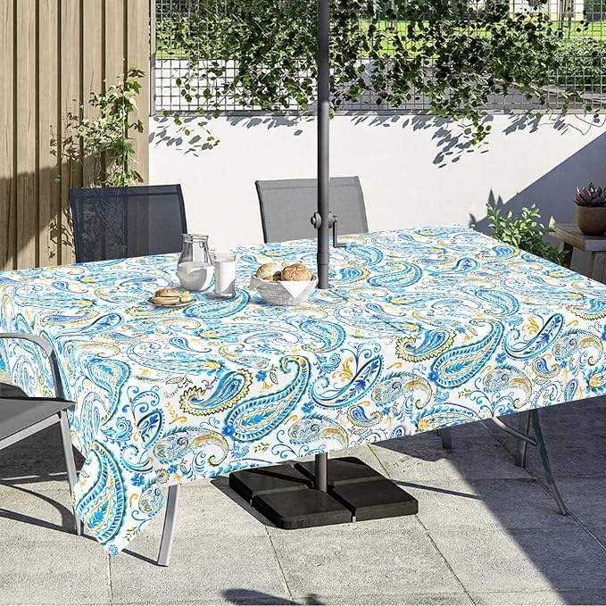 Outdoor Tablecloth with Umbrella Hole and Zipper, Rectangle Patio Table Covers for Spring/Summer, Machine Washable Outdoor Picnic Table Cloth (Paisley, 60" × 84" Rectangular)