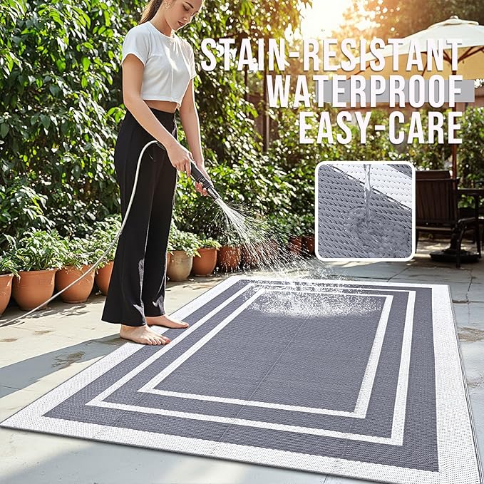 OLANLY Outdoor Rug 4x6 ft Waterproof, Reversible Outdoor Plastic Straw Rug, RV Mat, Indoor Outdoor Carpet Clearance for Patio, Camping, Balcony, Deck, Backyard, Grey & White