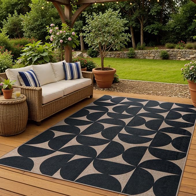 Lahome Semi Circle Easy Jute 5x7 Outdoor Rug, Geometric Washable Area Rug | Mid-Modern Non Slip Non Shedding Indoor Outdoor Black Carpet for Bedroom Dining Room