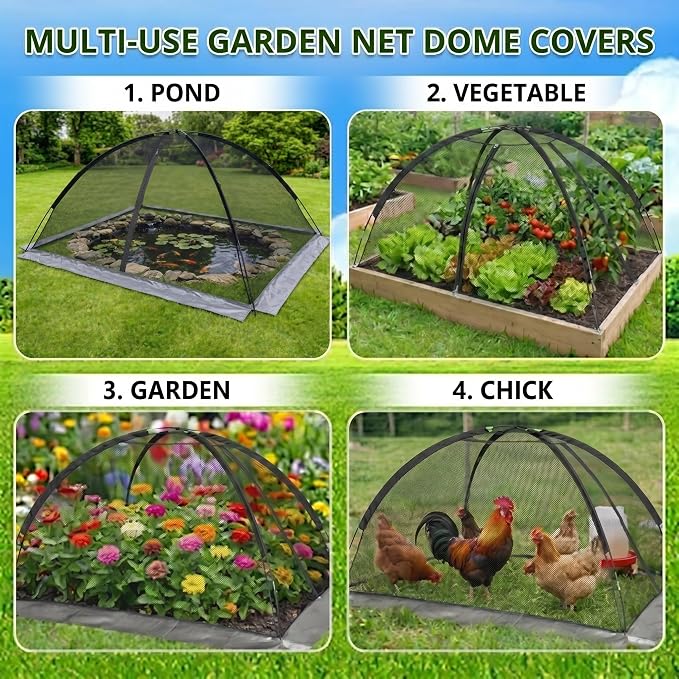 PGL Pond Cover Net Garden Dome Netting - Outdoor Protecting Tent for Fish Koi 9×12FT Zippers and Wind Ropes Protect Ponds, Gardens and Vegetable Gardens