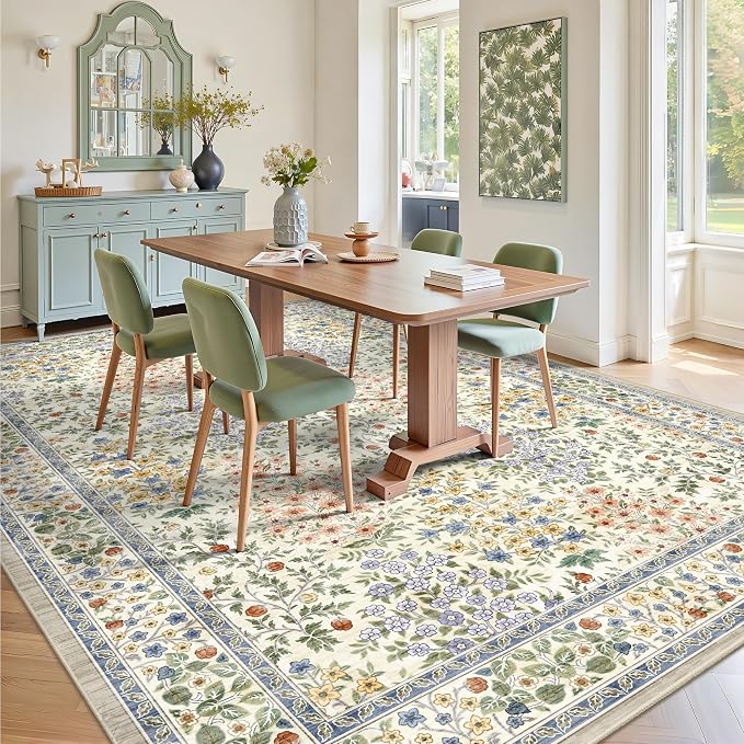 8x10 Area Rugs, Machine Washable Low Pile Floral Rugs for Living Room, Bedroom, Large Boho Area Rug with Non-Slip Backing for Dining Room(Beige Floral)