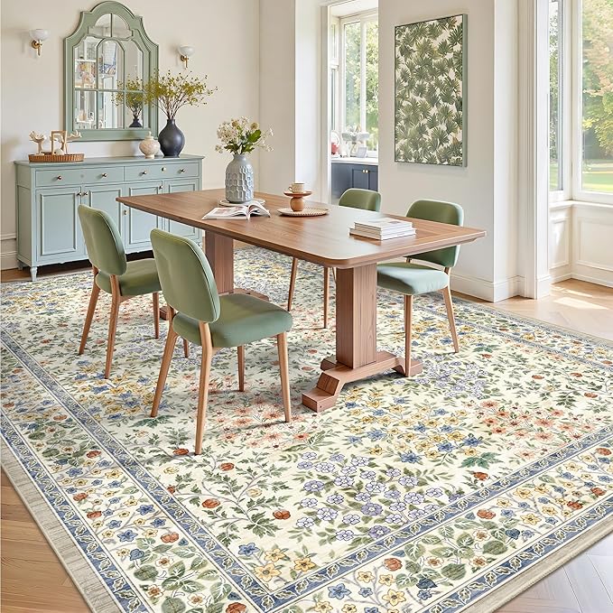 9x12 Area Rugs, Machine Washable Low Pile Floral Rugs for Living Room, Bedroom, Large Boho Area Rug with Non-Slip Backing for Dining Room(Beige Floral)