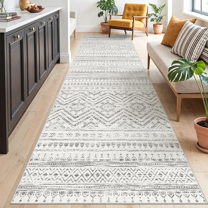 Miukiki 3x10 Runner Rug Washable Non Slip Runner Rug for Hallway Grey | Moroccan Kitchen Soft Low Pile Long Runner Rug for Entryway Living Room Bedroom Rug Stain Resistant Floor Carpet 3'x10'