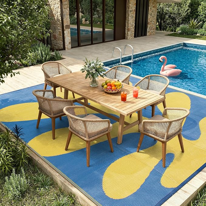 Lahome Coastal Coral 8x10 Outdoor Beach Pool Rug, Plastic Camping Rugs for Outside Your Rv, Lightweight Waterproof Outdoor Carpets for Picnic Patio, Blue/Yellow 8'x10'