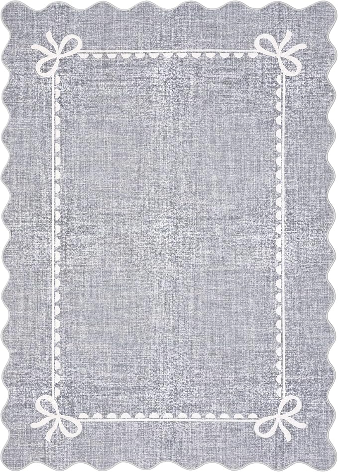 GarveeHome Scalloped Bow Rug 8x10 Washable Grey Rug for Bedroom Living Room | Non Slip Soft Low Pile Indoor Large Carpet for Nursery Girls Bedroom Decor Hallway Kids Room College Dorm Playroom