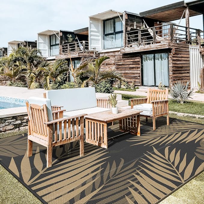 GENIMO Outdoor Rug 10' x 10' Waterproof for Patios Clearance, Reversible Outdoor Plastic Straw Camping Rug Carpet, Large Area Rugs Mats for RV, Camper, Deck, Balcony, Porch, Beach, Picnic, Black&Brown