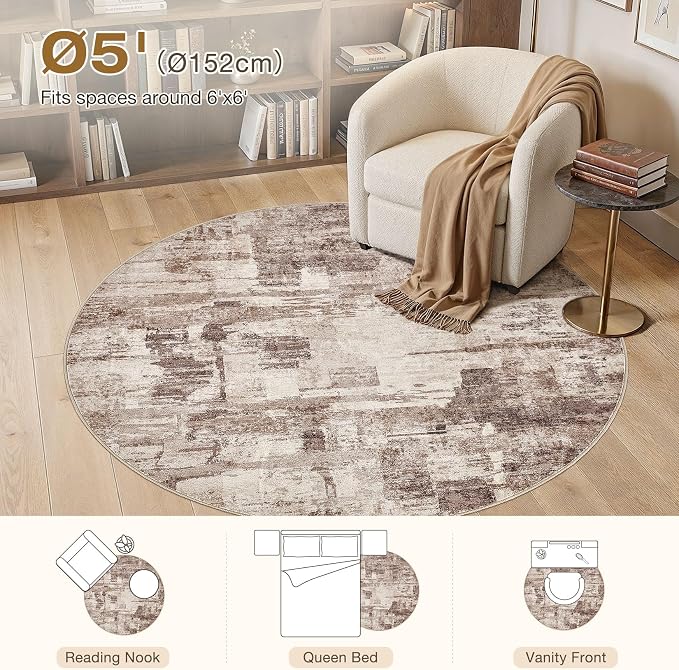 kakania Abstract 5x5 Round Rugs for Living Room: Circle Rugs 5FT Brown | Washable, Soft, Non-Slip, Low-Pile, Pet & Kid Friendly - Modern Home Decor Carpet for Bedroom/Dining Room/Nursery