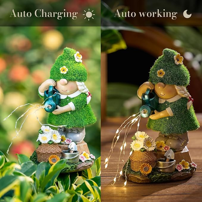 TERESA'S COLLECTIONS Garden Gnome Ornaments with Solar Outdoor Lights for Garden Decor, Lady Gnome Watering Flower Resin Outdoor Christmas Decorations Gifts for Women and Man 7.9"