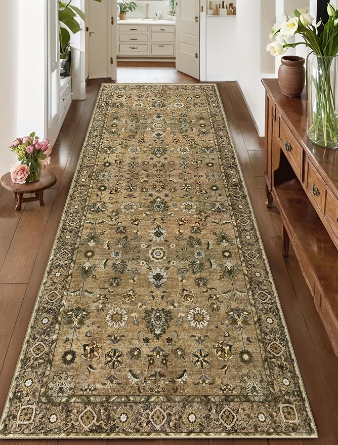 Tangsoo 2.6x8 Washable Runner Rugs for Hallway, Non Slip Vintage Brown | Farmhouse Soft Low Pile Long Runner, Boho Carpet Hallway Runners for Kitchen Bedroom Entryway Bathroom Living Room Home Decor