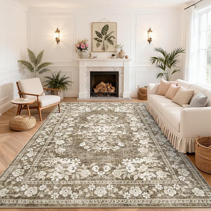 GarveeHome 9x12 Rug for Luxury Living Room Vintage Leaf Flower Carpets | Distressed Botanical Brown Rugs for Large Guest Room Non-Slip Low Pile Vintage Floral Bordered Area Rug for Office Dining