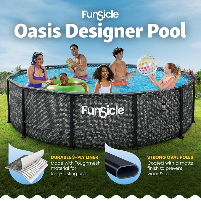 Funsicle Oasis Designer 12' x 36" Round Above Ground Swimming Pool, Includes FiltraBoost 800 GPH Filter Pump with AutoSkimmer, Type D Filter Cartridge & Repair Patch, Dark Herringbone