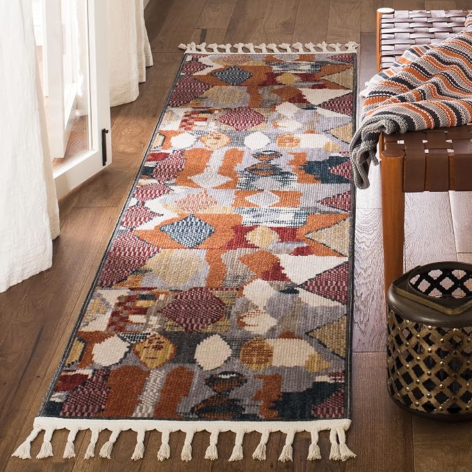 SAFAVIEH Farmhouse Collection Runner Rug - 2'1" x 8', Orange & Navy, Boho Moroccan Tribal Tassel Design, Non-Shedding & Easy Care, Ideal for High Traffic Areas in Living Room, Bedroom (FMH853P)