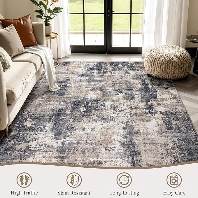 Sasttie 4x6 Washable Area Rug, Modern Abstract Carpet, Black & Beige | Ultra-Soft Faux Wool, Low Pile, Non-Slip, Lightweight, Thin, for Living Room, Bedroom, Dinning Room & Dorm
