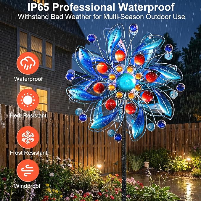 Solar Wind Spinner with Glass Ball - Lighted Kinetic Metal Yard Art with Jeweled Accents - Vibrant Blue Floral Windmill Outdoor Garden Decor for Patio, Lawn, and Pathway