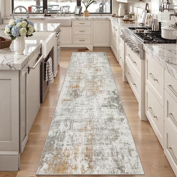 Tangsoo Abstract 2.6x8 Washable Runner Rug for Hallways,Non Slip Runner Rug | Modern Soft Low Pile Long Runner Rug, Contemporary Carpet Runners for Kitchen Bedroom Entryway Living Room Beige Grey Decor