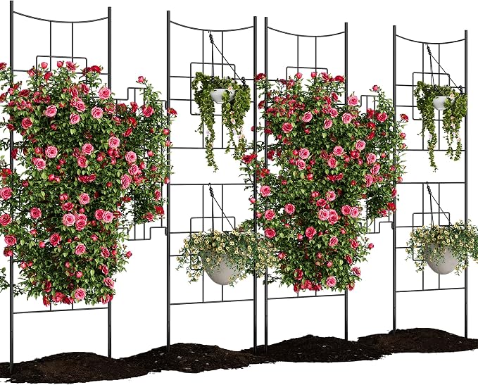 51" X 67" Metal Garden Trellises for Climbing Plants Outdoors, 5.5 FT Black Large Garden Arch Trellises for Roses, Vegetables Vines Flowers Support, Rustproof Privacy Screen Plant Support Frame, 4PCS