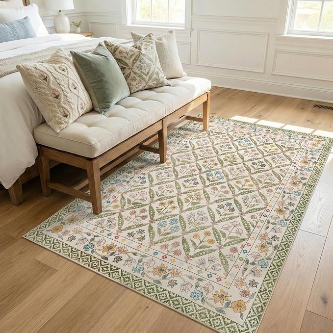 jinchan 4x6 Vintage Floral Washable Non Slip Bedroom Area Rug, Sage Green | Soft & Lightweight, Checkered Floral, Low Pile, Bedroom, Kitchen, Girls Dorm, Apartment, Small Living Room, Cottage Decor