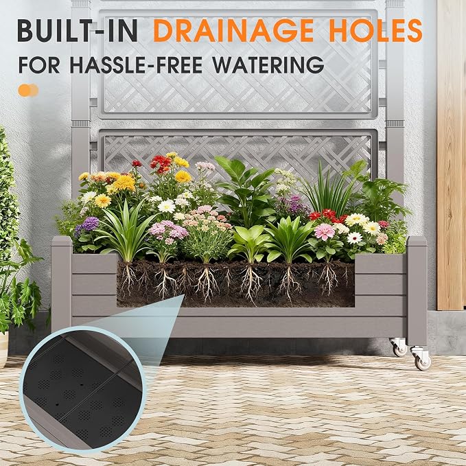 Elevated Raised Garden Bed with Wheels,Planter Box,Gray-61.2" h | Resin Planter Box with Drainage Holes, Water Monitor, Wheels for Garden Patio Backyard