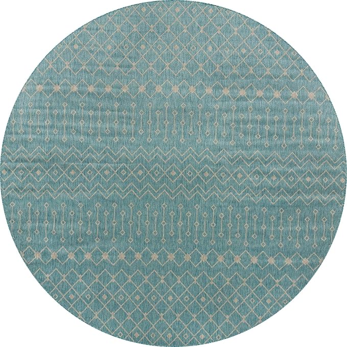 Unique Loom Outdoor Trellis Collection Area Rug - Tribal Trellis (13' Round, Aqua/ Ivory)