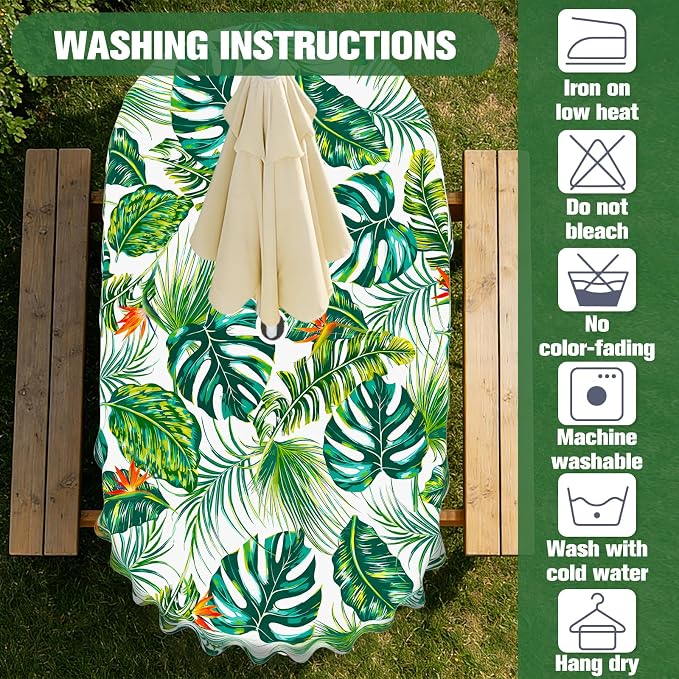 Green Leaves Outdoor Oval Tablecloth with Umbrella Hole 60" x 84" Waterproof Zipper Table Cloth for Patio Table - Ideal Tablecloths for Picnics, Camping, and Yard Use